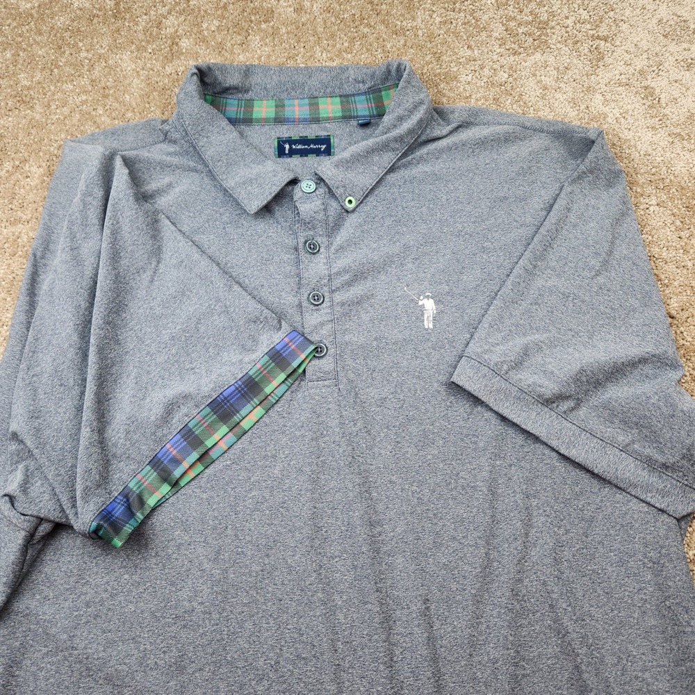 William Murray Golf Polo Mens XXL Blue Heather Plaid Trim Performance Shirt